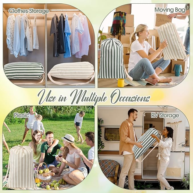 SATINIOR 2 Pcs Stripe College Laundry Bag Green Beige Canvas Travel Laundry Bags with Drawstring Shoulder Straps 29" x 18" Washable Dirty Clothes Hamper Organizer for Dorm Laundromat Apartment Camping