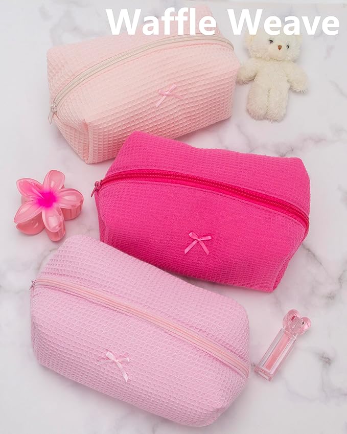 PAZIMIIK 6PCS Cozy Makeup Bag Travel Cosmetic Bag for Women Soft Toiletry Bag Aesthetic Makeup Organizer Portable Large Zipper Pouch for Skincare Beauty Accessories Brushes Waffle Hotpink