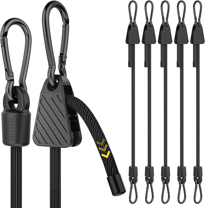 Bungee Cords with Hooks, 96 inch Adjustable Bungee Cords with Carabiner Hooks, Easy to Adjust from 7 to 96 inch Black Elastic Bungee Straps with Clips Heavy Duty for Bike, Cargo, Tarps, 6 Pack