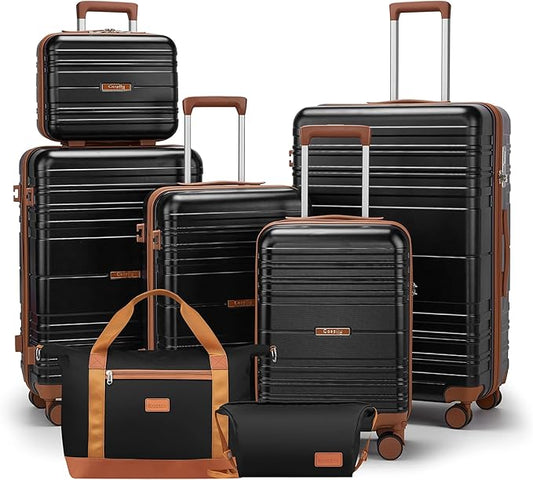 Luggage Sets with spinner wheels, PC+ABS Hard Shell Travel Luggage,Lightweight Carry-on suitcases with TSA Lock,YKK Zippers (Black, 7 piece sets（14/18/20/24/28/DB/TB）)