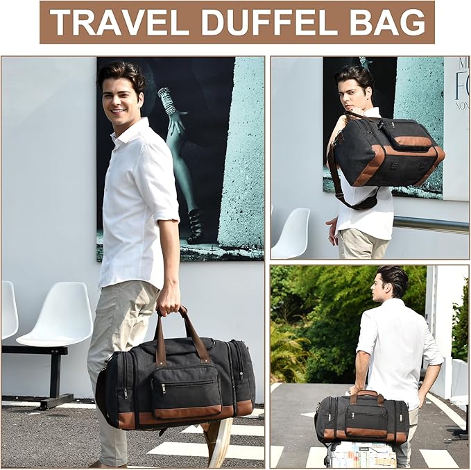 Litvyak Duffle Bag for Travel, 50L Canvas Travel Duffel Bags Overnight Weekend Gym Carry On Luggage Bag for Men & Women(Black+Toiletry Bag)