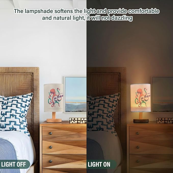 Table Lamp Vintage Octopus Play Guitar Ocean Marine Sea Life Design Nightstand Lamp with Wood Base Fabric Lamp Shade Bedside Desk Lamp for Living Room Bedroom Kids Room Office
