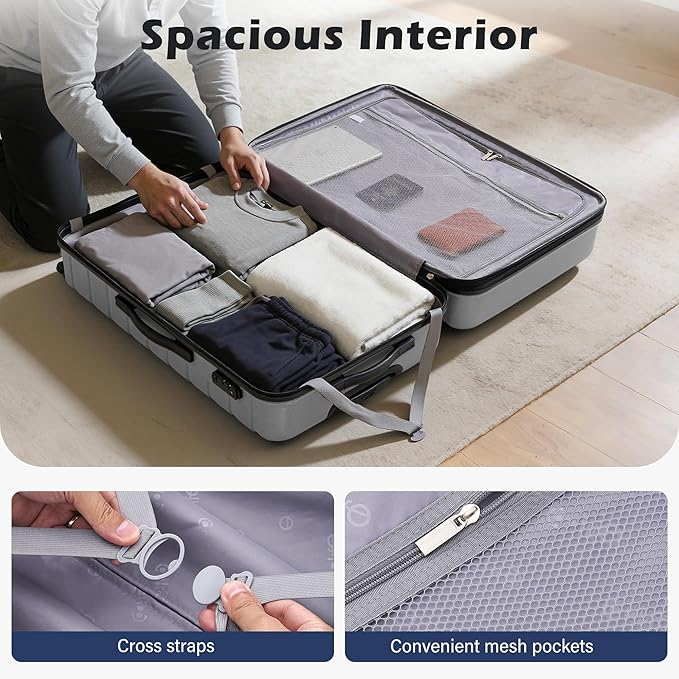 Coolife Expandable Large Checked Luggage with Spinner Wheels, Hard Shell Suitcase TSA Lock Rolling Travel Luggage 28-inch,Silver