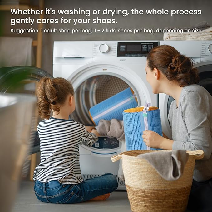 2Pcs Shoe Washing Machine Bag, Sneaker Laundry Bag for Washing Machine, Extra Long and Thick Microfibre Fluff, Reusable for Washer and Dryer (2pcs, Blueish Yellow)