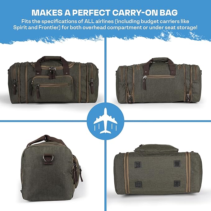 Duffle Bag for Travel 20–23” Expandable (40L) – Lightweight Water-Resistant Carry On Weekender with Multiple Pockets & Shoulder Strap – Airline Approved Travel Duffel Bags for Men & Women - ARMY GREEN