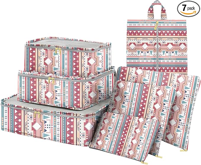 7 Set Packing Cubes Travel Luggage Organizers for Suitcase Travel Accessories with Shoe Bag for Girls Women Aesthetic Cute Boho Bohemian-Pink Blue