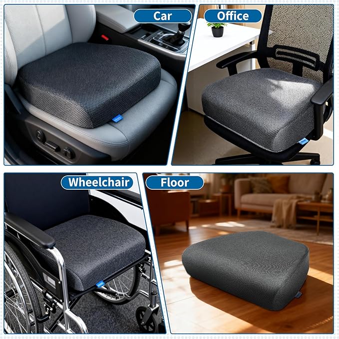 Seat Cushion for Tailbone Pain Relief, Extra Thick & Ventilated Office Chair Cushion with Non-Slip Cover, Memory Foam Booster Support for Desk, Car, Wheelchair (Black)