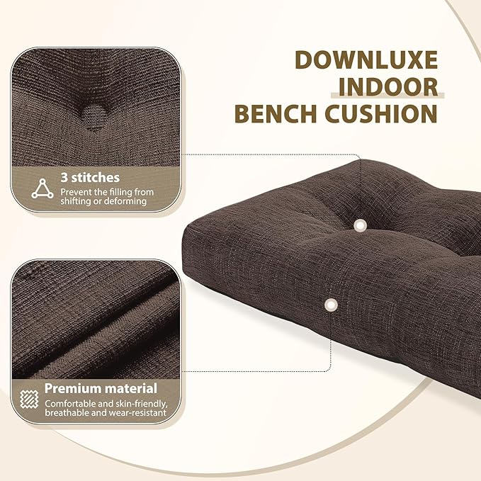 downluxe Indoor Bench Cushion for Indoor Furniture, Non-Slip Tufted Overstuffed Textured Foam Bench Seat Cushion, 48" X 16" X 4", Brown, 1 Pack