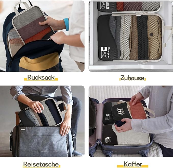 Compression Packing Cubes 8 Set, Dual Zipper Compression Packing Cubes for Travel, See-Through Mesh Packing Bags for Suitcases, Packing Cube with Shoe Bag (Black)