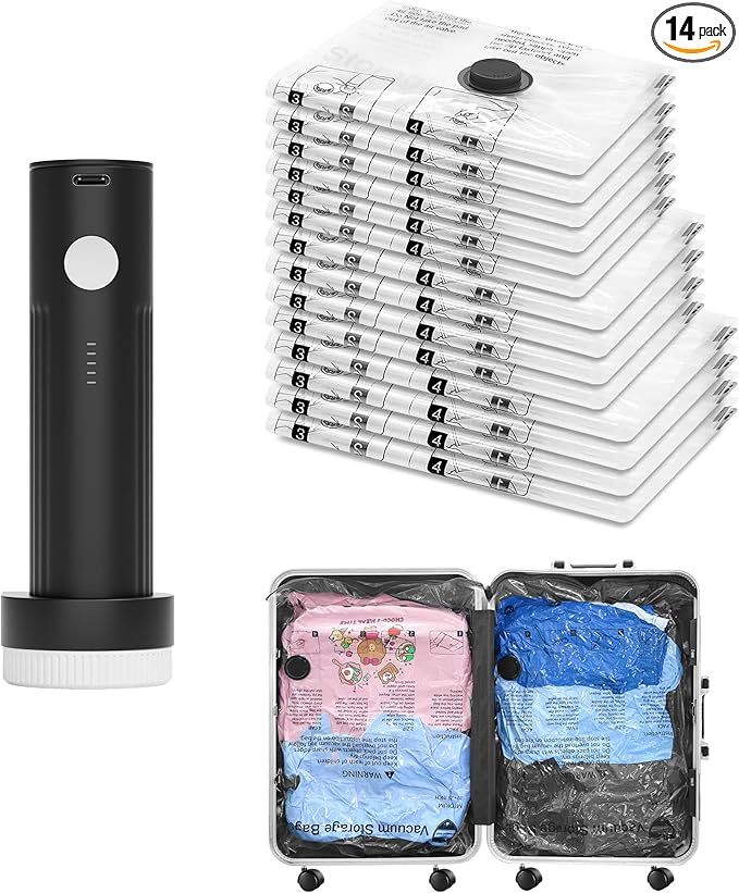 Vacuum Bags for Travel with Rechargeable Pump, 14 Combo (4L/4M/6S) Compression Packing Seal Bags for Luggage Suitcase, Space Saver for Clothing and Clothes Storage Travel