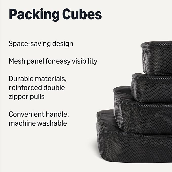 Amazon Essentials 4-Piece Space-Saving Packing Cubes Travel Accessories Set, Luggage Organizer with Double Zipper, Mesh Top, Small/Medium/Large/Slim, Black (Previously Amazon Basics)