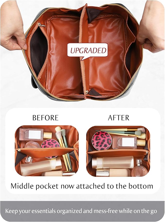 Large Capacity Travel Cosmetic Bag - Portable Makeup Bags for Women Waterproof PU Leather Checkered Makeup Organizer Bag with Dividers and Handle,Toiletry Bag for Cosmetics