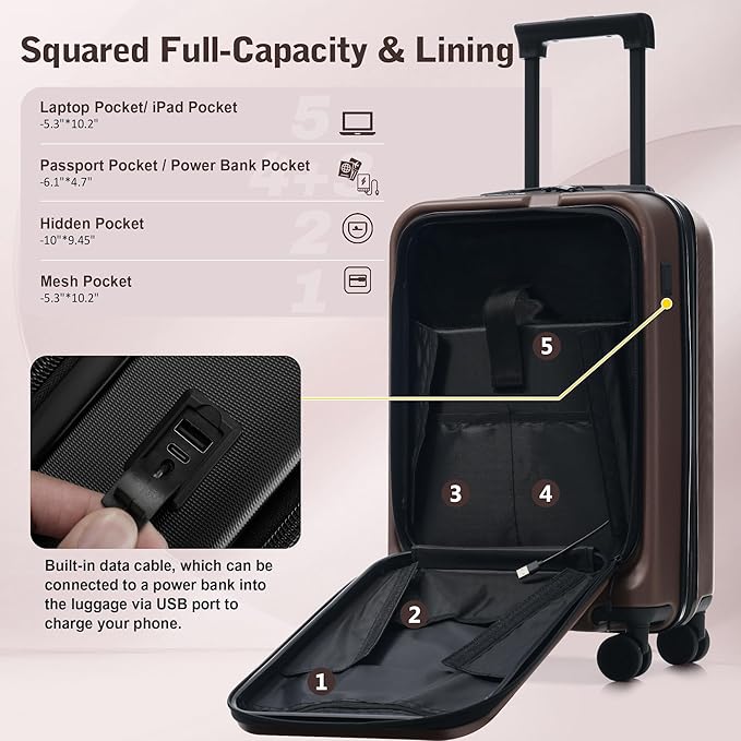 Merax Luggage Sets 5 Piece Front Open, Hardside 20" Carry On Suitcase Set with USB Port,Lightweight Expandable Travel 24" 28" Luggage with Bags TSA Locks Double Spinner Wheels,Brown