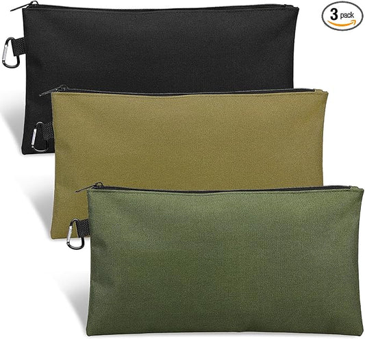 3 Pack Tool Bag Zipper Pouch, Premium Tool Pouch, Utility Multipurpose Storage Organizer Tool Pouches with Carabiner Metal Zipper for Tools, Stationary, Pencil Pouch (3 Pack, Tan, Navy Green, Black)