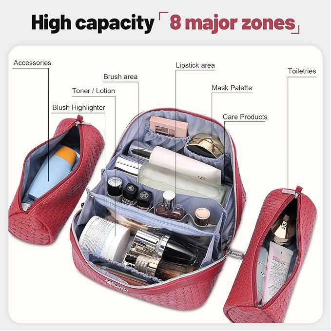 BOYATU Travel Makeup Bag Cosmetic Bags for Women: Large Capacity 3 Pcs Set Make up Bag with Compartments - Waterproof Vegan Leather Toiletry Organizer Bags with Handle (L54Rose)