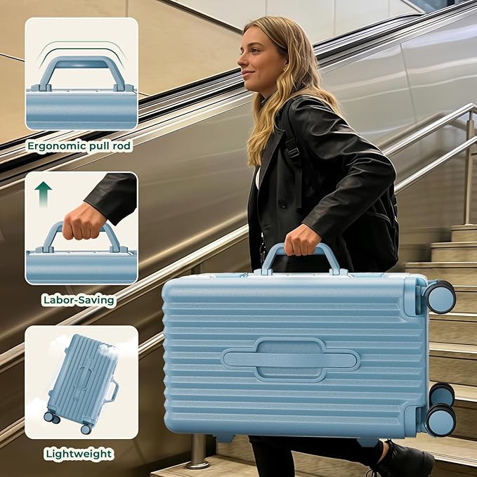 20 Inch Carry On Luggage, Aluminum Frame Zipperless Luggage, Hard Shell Suitcase with Charging Port, Cup Holder, TSA Lock, Phone Holder for Travel and Business Travel