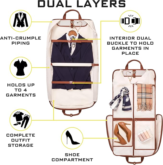 ZEGUR Premium Garment Bag Carry On for Women - Hangs Blazers, Pantsuits & More - Travel Bag with Shoulder Strap and Laptop Compartment (Beige with Saddle Brown Leather)