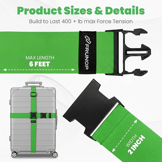 Luggage Straps for Suitcases, Adjustable Travel Suitcase Belts with Buckle Closure, Designed for Carry-On and Checked Luggage, Reusable Travel Accessory, Green - Pack of 2