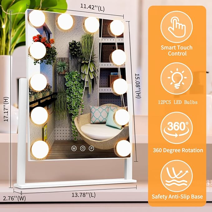 Dirket Vanity Mirror with Lights, Hollywood Lighted Makeup Mirror with 3 Color Lighting Modes and 12 Dimmable Bulbs, Detachable 5X Magnification, Smart Touch Control, 360°Rotation, White