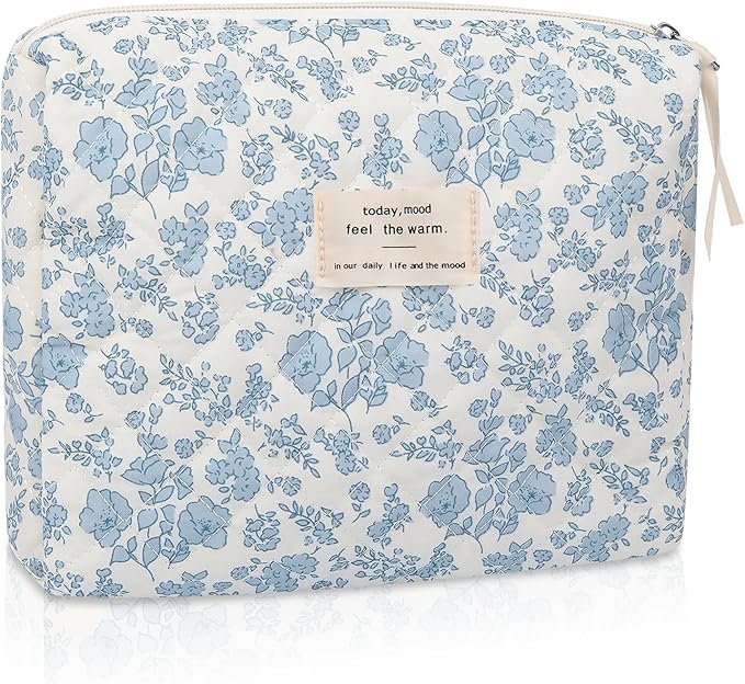 Large Makeup Bag, Cute Cosmetic Bag for Women Girls, Floral Coquette Aesthetic Toiletry Bag, Travel Make Up Organizer Bag(Blue Floral)