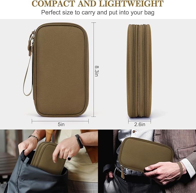 FYY Electronic Organizer, Travel Cable Organizer Bag Pouch Electronic Accessories Carry Case Portable Waterproof Double Layers Storage Bag for Cable, Charger, Phone, Earphone, Medium Size, Brown
