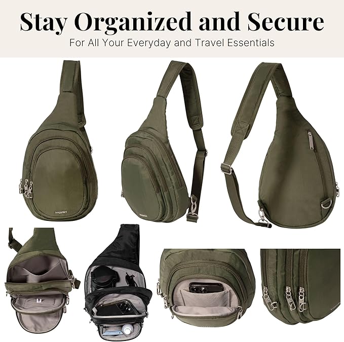 Baggallini Securtex® Anti-Theft Multi Zip Sling - Lightweight 8.6"x15.2" Travel Bag with Locking Zippers & RFID Protection