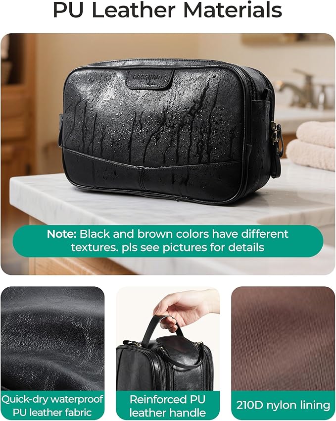 BAGSMART Large Toiletry Bag for Men, High-gloss PU Leather Travel Bag for Toiletries, Dopp Kit Water Resistant Shaving Bag for Bathroom Shower-Black
