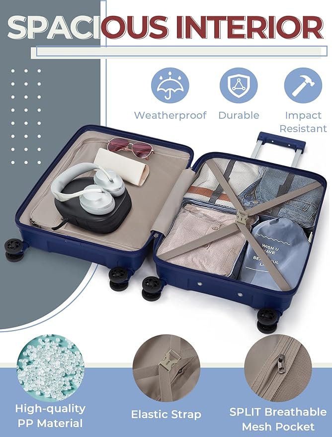 Luggage Sets 5 Piece,Lightweight,Impact-Resistant,Wear-Resistant Suitcases with Wheels, Hardshell Suitcase Set with Spinner Wheels, PP Carry on Luggage Set with TSA Lock, Travel Luggage