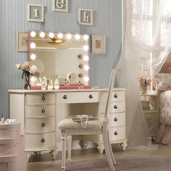 Ratsamee Pink Hollywood Vanity Mirror with Lights, 15 Dimmable Bulbs, 3 Color Lights,Make Up Lighted Mirror, Aluminum Metal Frame, USB Charging Port（23" x 18"）