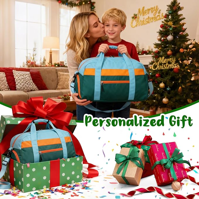 WOOMADA Kids Duffle Bag for Boys or Girls, Kids Overnight Bag with Shoe Compartment＆Wet Pocket, Ideal for School Practice, Sports, Travel(green blue)