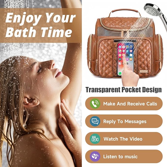 Large Leather Toiletry Bag for Women Men,Bathroom Bag,Water Resistant Shower Bag,Makeup Bag,Portable Shower Caddy for College Dorm,Hanging Travel Toiletry Bag with Transparent Waterproof Phone Pocket