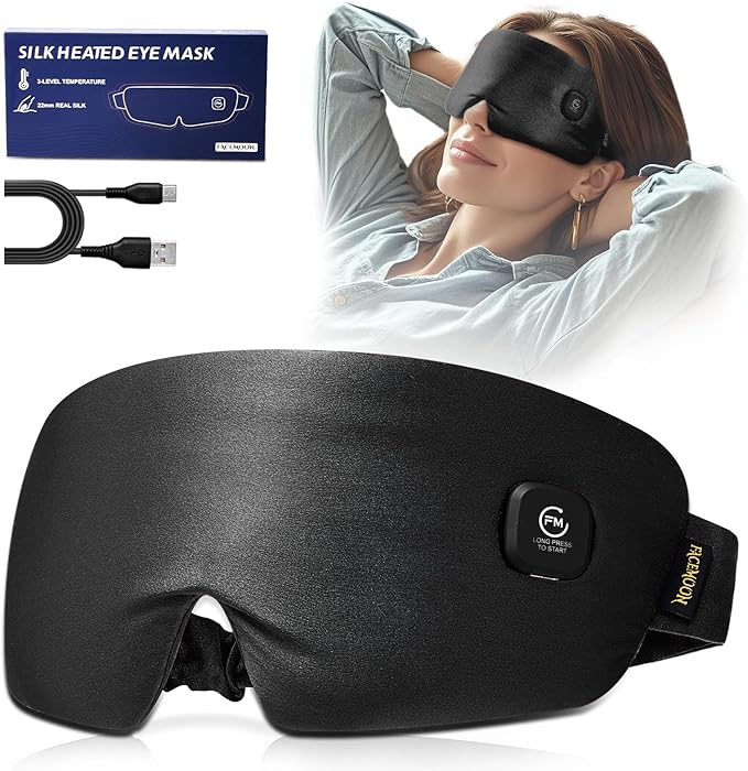 Heated Eye Mask for Dry Eyes - Silk Cordless Warm Eye Compress Moist Heat, Eye Heating Pad for Stye Treatment, Tired Eyes, Sleep, Travel, Washable, Rechargeable, Black