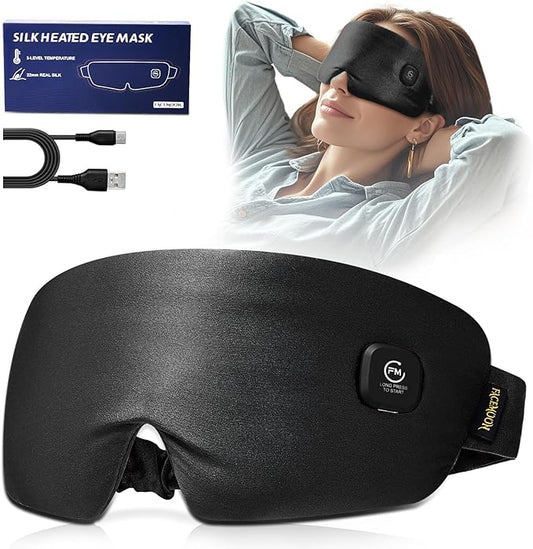 Heated Eye Mask for Dry Eyes - Silk Cordless Warm Eye Compress Moist Heat, Eye Heating Pad for Stye Treatment, Tired Eyes, Sleep, Travel, Washable, Rechargeable, Black