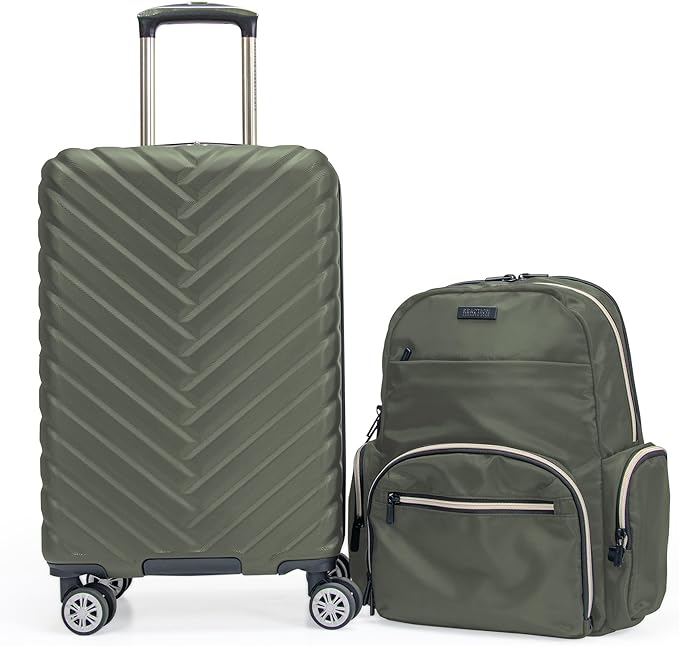 Kenneth Cole REACTION Madison Square Lightweight Hardside Chevron Expandable Spinner Luggage, Olive, 2-Piece (20" Carry On + Sophie Backpack)