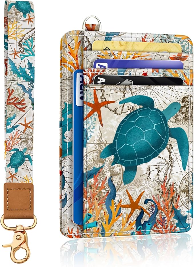 Yonlevres Sea Turtle Credit Card Holder Slim Wallet, RFID Wallet Women Front Pocket Wristlet Lanyard, Small Card Holder Travel Cute Thin ID Window PU Leather Funny Case Organizer Gifts Girls