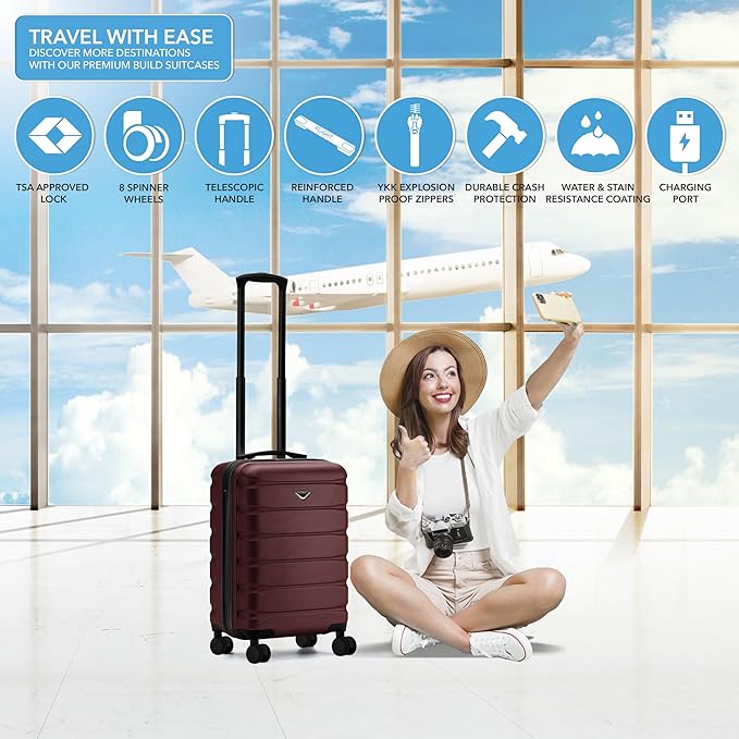Flight Knight 22x14x9 Expandable Carry On Suitcase Hardside TSA Lock USB C Port Lightweight Luggage Silent Double Spinner Wheels Maximum Overhead Carry-On Bag For American United Approved Burgundy