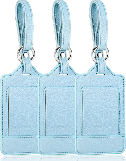 3 Pack Luggage Tags - Quick Install, Privacy Protection, Airplane Travel Essentials for Suitcases, Durable Leather - Lichee Cyan