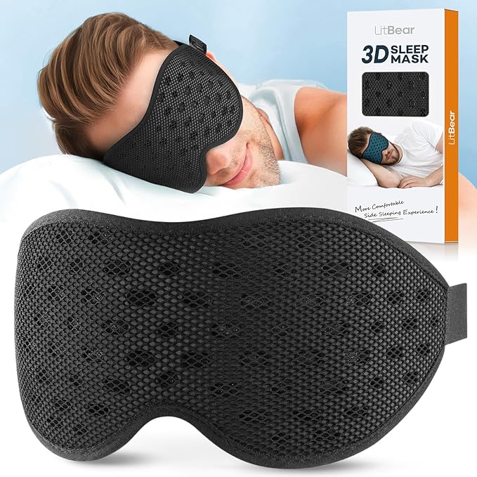 LitBear Breathable Sleep Mask, 3D Eye Mask Sleep for Side Sleepers Women Men, Light blocking Sleeping Mask with Adjustable Strap, Soft Lightweight Eye Cover for Travel, Night Work, Nap, Office - Black