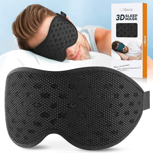 LitBear Breathable Sleep Mask, 3D Eye Mask Sleep for Side Sleepers Women Men, Light blocking Sleeping Mask with Adjustable Strap, Soft Lightweight Eye Cover for Travel, Night Work, Nap, Office - Black