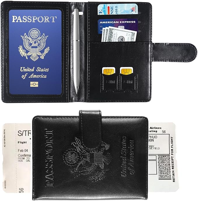 Sizobi Passport Holder for Travel, RFID Passport Cover Wallet for Women Men, Leather Passport Book Card Holder Case for International Travel Must Haves Accessories, Cruise Ship Essentials Gifts, Black