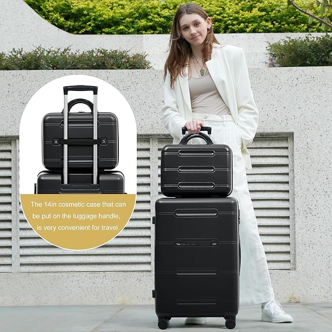 Merax Luggage Set 6 Piece,Lightweight Hardshell Suitcase with Double Spinner Wheels Handle Password Lock,14 IN Cosmetic Case 20/24/28 IN Luggages with Duffel Bag and Toiletry Bag,Black