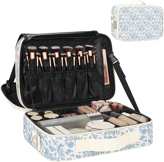 Relavel Makeup Bag Travel Train Case for Women and Girls, Cute Cosmetic Storage Organizer Box Portable Shoulder Bag with Adjustable Dividers and Makeup Brush Comparment, Floral Print