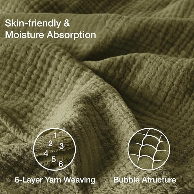 100% Cotton Muslin Blanket Twin 66" x 90", Breathable and Lightweight Twin Blankets for Couch, Soft Cooling Summer Gauze Blanket for Adults All Season, Olive Green