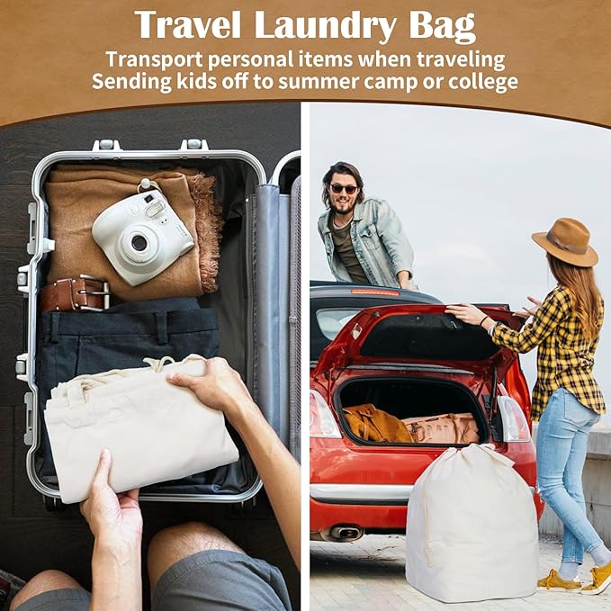 Canvas Laundry Bags with Handles & Rectangular Base, 90L Extra Large Heavy Duty Laundry Basket Hamper Liner Replacement, Washable Canvas Drawstring Dirty Clothes Bag (Beige, 2 Pack)