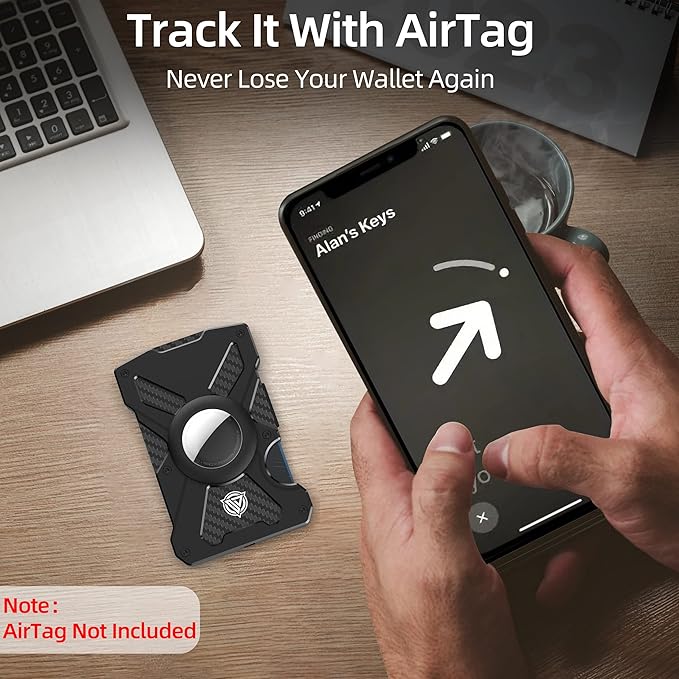 Oaridey AirTag Wallet (No AirTag) with Money Clip, Slim Wallet with AirTag Holder, Minimalist Wallet for Men, Carbon Fiber Wallet, RFID Blocking, Holds 15 Cards, Ultra-Thin Tactical Wallet- Black