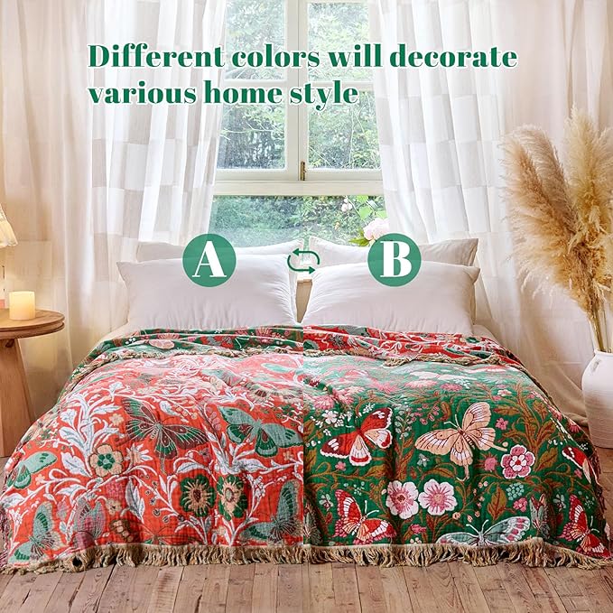 MSGKV Boho Throw Blanket for Couch 50"x60" Butterfly Floral 100% Cotton Blanket Spring Breathable Lightweight Farmhouse Blankets for Sofa Home Decor Muslin All Seasons
