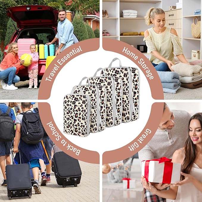 4 Set Compression Packing Cubes For Travel Bags Organizer For Luggage Suitcase Organizer, Compression Bags For Travel Accessories Luggage Storage Set (4 Pcs, Brown Leopard)