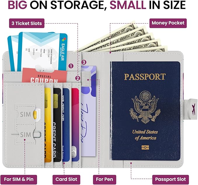 Passport Holder for Travel Essentials, RFID Blocking Leather Cover Wallet with Magnetic Closure, Aesthetic & Cute Passport Book Case for Women and Men - Floral
