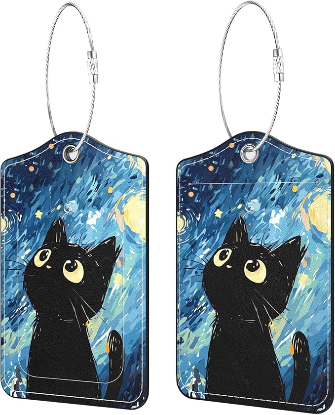 2 Pack PU Leather Luggage Tags for Suitcases, Privacy Protection Cover with Stainless Steel Loop and Address Card, Travel Cruise Essentials (Starry Sky Black Cat)