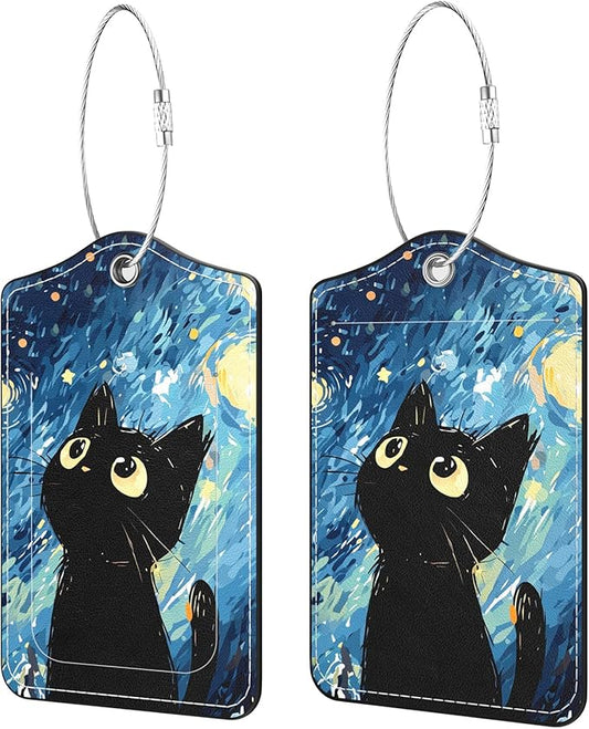 2 Pack PU Leather Luggage Tags for Suitcases, Privacy Protection Cover with Stainless Steel Loop and Address Card, Travel Cruise Essentials (Starry Sky Black Cat)